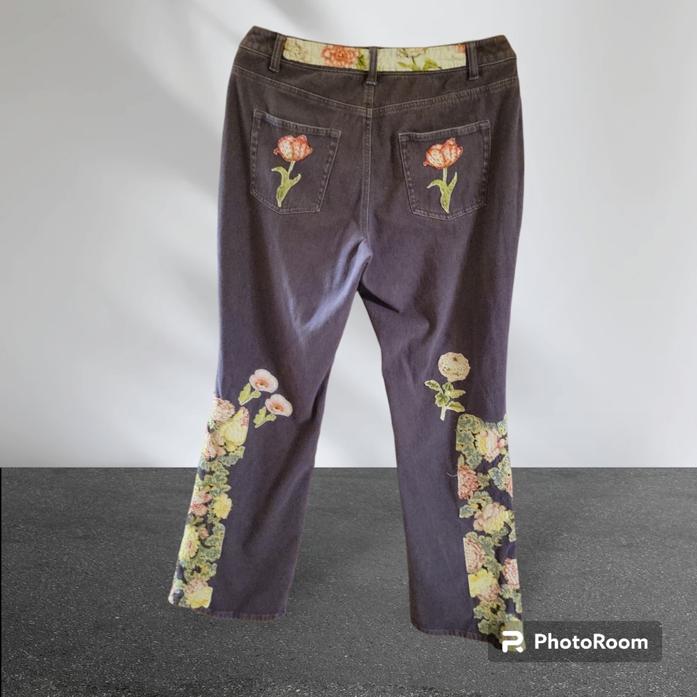 HAND CRAFTED Jeans UPCYCLED Purple Denim Embroidery Floral Applique Size 12 - Picture 4 of 17